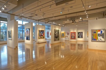 A gallery with modern art pieces displayed on movable partitions, allowing for flexible layouts