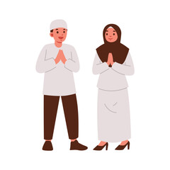 Illustration of man and woman in traditional clothing exchanging a respectful greeting.