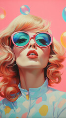 Pop art fashion photoshoot. Beautiful blonde  model, elaborate outfit, makeup and glasses. Vertical banner, tiktok or instagram story	