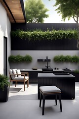 Fototapeta premium Patio with outdoor furniture and bbq kitchen deck. Picnic on the yard. Backyard with armchairs and greenery trees. Large terrace. Lounge complex outdoor. 3d rendering 