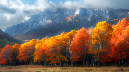 A vibrant nature mountain landscape in autumn, the trees at the base of the mountains displaying brilliant fall colors