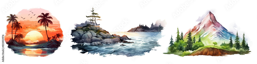 Sticker Water color landscape png element set on transparent background