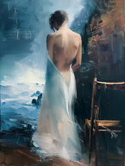 Artistic nude lady's back mood oil painting at seaside at night woman art painting wall art