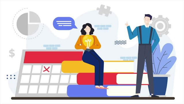 teamwork discussion with bulb books and schedule illustration. animation video