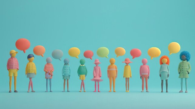 Speech Bubbles Diverse figures with speech bubbles, indicating inclusive communication and the sharing of diverse perspectives