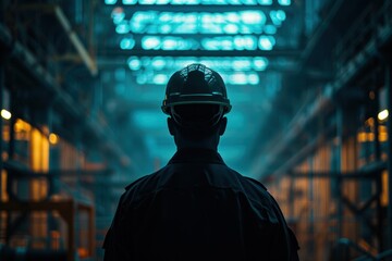 Silhouette of an engineer in a hard hat, framed against the backdrop of a vast, dimly lit warehouse. The close-up captures the texture of the engineer's uniform and tools, emphasizing their readiness