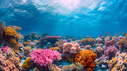 Fototapeta premium A vibrant nature ocean landscape with a colorful coral reef just below the surface