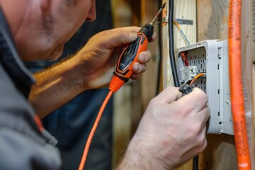 A professional electrician using a voltage tester to troubleshoot a residential electrical issue