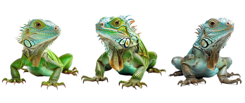Set of Vivid Green Iguana with Sharp Claws and Scales, High Resolution Stock Image, Isolated on Transparent Background