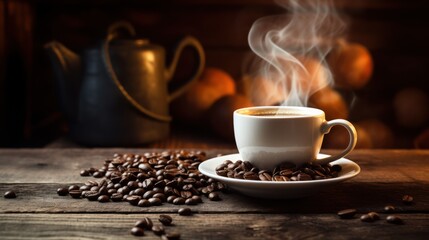 wooden table with a steaming mug of coffee, a few scattered coffee beans, 