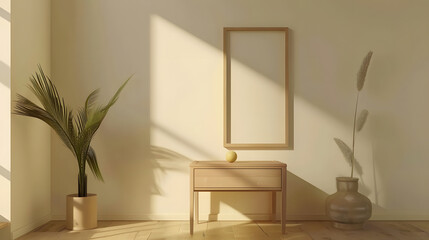  bright minimalist room with a wooden table, an empty picture frame, and potted plants. The sunlight streaming in adds warmth and creates a tranquil, inviting atmosphere.mockup for drawer