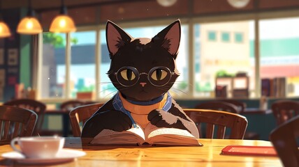 a cartoon cat reading a book with a book Whimsical Felt Art A Charming Black Cat with Round Glasses