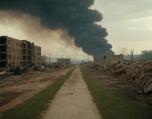 Smoke and Fire in War-Ravaged City with Ruined Buildings