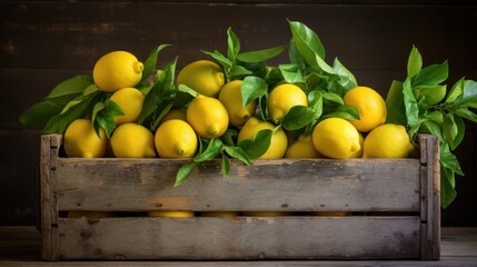 vintage wooden crate brimming with freshly picked lemons, 