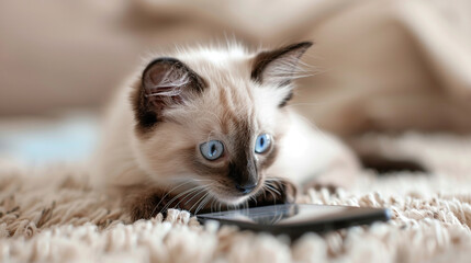 Obraz premium A cat sits on a blanket looking at electronics