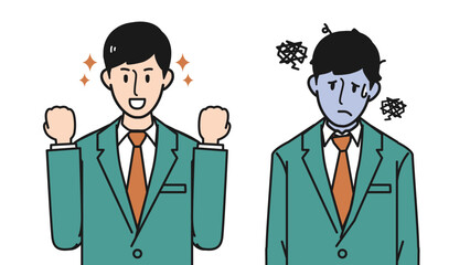 【解説に最適】ガッツポーズをした元気なスーツを着た男性と体調が悪い男性のイラスト