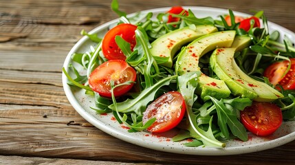 Arugula salad with cherry tomatoes and avocado slices on a white plate. Top view food photography. Healthy eating and fresh ingredients concept for design and print.