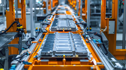 Electric vehicle batteries being assembled on a high-tech automated production line in a state-of-the-art factory, highlighting modern industrial processes.