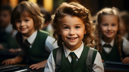 Cute children wearing kindergarten uniforms and ties.