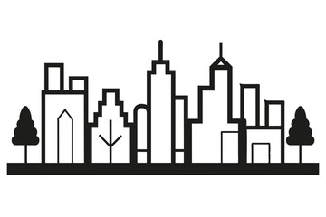 Abstract architecture city skyline with trees single line black vector on white background