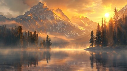 Majestic Snowcapped Mountains at Sunrise Reflecting in Tranquil Alpine Lake with Pine Trees