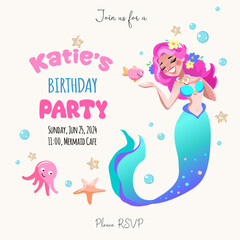 Birth day party mermaid invitation, card, celebration, decoration, vector illustration