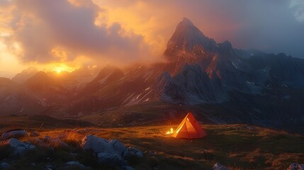 Fototapeta premium Rugged Mountain Range Ablaze with Sunset Glow Dramatic Clouds and Serene Campfire Scene