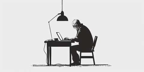 A black and white illustration of a person sitting at a desk and working on a laptop