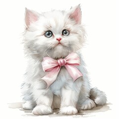Adorable fluffy white kitten with pink bow, big expressive eyes, sitting on white background. Perfect for cute and pet-themed projects.