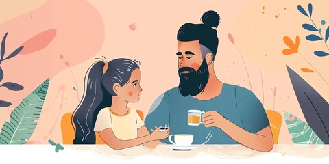 A father and daughter are drinking tea and talking. The father has a beard and the daughter has long hair. They are sitting at a table in a cafe.