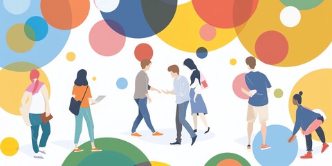 Fototapeta premium A group of diverse people walking in a colorful and abstract landscape.