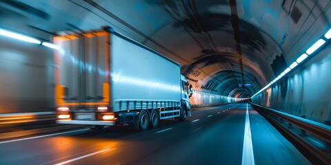A long exposure shot of a semi truck driving through a tunnel at night.
