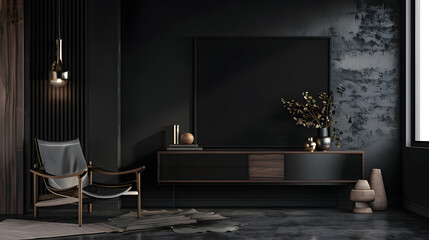 A stylish living room with dark walls, a sleek wooden sideboard, a modern armchair, and contemporary decor, creating a sophisticated and cozy atmosphere. mockup