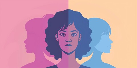 A woman with curly hair looking straight with serious face expression on split background in blue and pink colors.