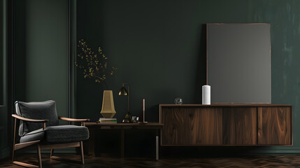 A refined living room featuring dark green walls, a wooden sideboard, a modern armchair, and stylish decor, creating an elegant and cozy atmosphere.  mockup