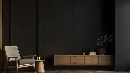 A modern minimalist living room featuring dark walls, a wooden sideboard, a contemporary armchair, and subtle decor, creating a stylish and serene atmosphere.  mockup
