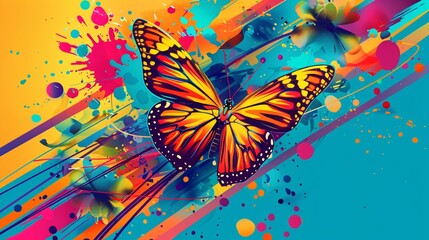 7. A vibrant, whimsical illustration of a butterfly with rainbow wings flying through abstract shapes and lines, representing transformation and freedom for Pride Month marketing