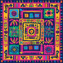 the style of Aztec carpet design vector illustration set. Doodle geometric shapes with bold lines and colors for cultural background decoration