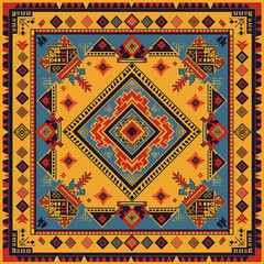print design in the style of ethnic carpet patterns, Aztec art and African textile designs. Red blue yellow orange
