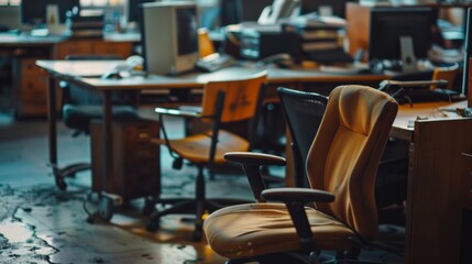 A vacant office chair sits amongst cluttered desks, symbolizing the recent departure of an employee due to unemployment.