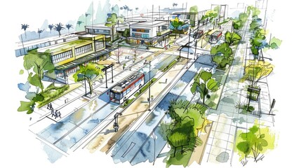 Fototapeta premium Urban planning sketch highlighting sustainable elements like green spaces, public transportation, and pedestrian zones
