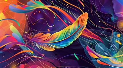 Obraz premium 16. A dynamic, vibrant illustration of a rainbow-colored feather floating through abstract shapes and lines, representing lightness and freedom for a Pride Month campaign