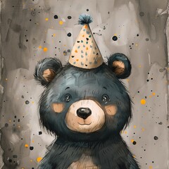 Cute illustrated bear in a party hat with festive background, ideal for celebrations and holiday designs.