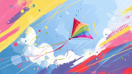 18. A playful, whimsical illustration of a rainbow-colored kite flying through a sky filled with abstract shapes and lines, representing joy and freedom for a Pride Month commercial