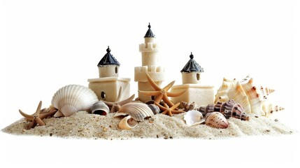 Elegant sandcastle and seashells on white background, showcasing detailed beach imagination and creativity for summer and vacation themes.