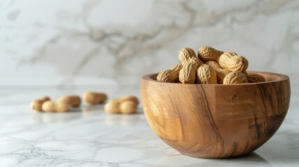 Ramadan Celebration: Healthy Lifestyle and Nutritious Diet with Peanut in Wooden Bowl on Marble Table. 4K HD Wallpaper Background.
