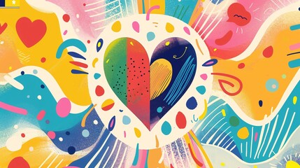 1. A vibrant, whimsical illustration of a rainbow-colored heart surrounded by abstract shapes and lines, symbolizing love and unity for an LGBTQ+ Pride Month campaign
