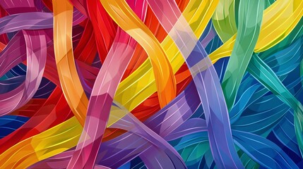 4. A joyful, colorful illustration of intertwined rainbow-colored ribbons set against a backdrop of abstract shapes and lines, symbolizing togetherness for LGBTQ+ Pride Month
