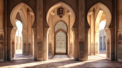 Obraz premium Abstract Islamic interior, lantern, gate, arches, door. Ramadan Lantern. Generative ai illustration for Greeting card, site, banner, invitation, postcard for muslim holiday. Eid Mubarak Ramadan Kareem