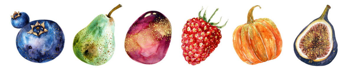 Fruits gold glitter watercolor png element set on transparent background